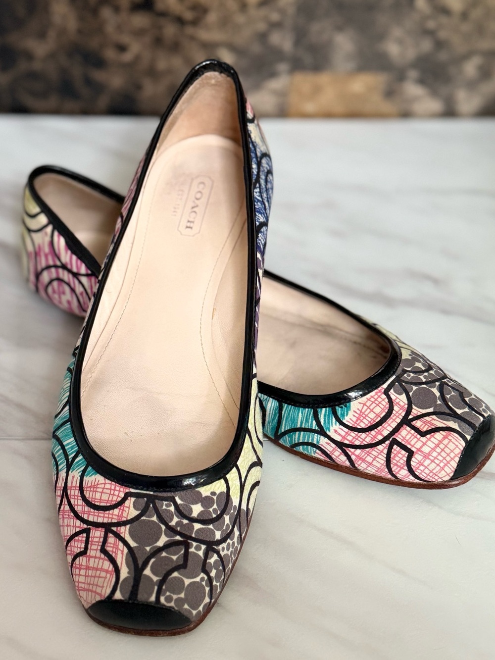 Coach ‘Portia’ Multicolor Abstract Op Art Flats- A2657- Sateen/Leather 7.5B